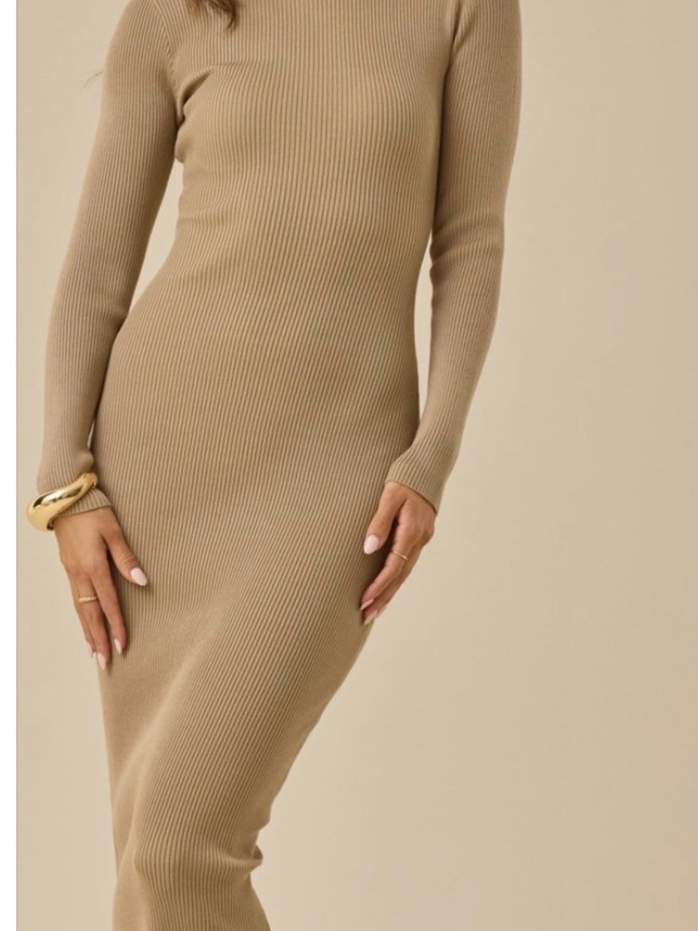 Altar'd State Ribbed Long Sleeve Midi Dress in Taupe